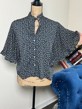 Navy Floral Button-Up Flutter Sleeve Blouse